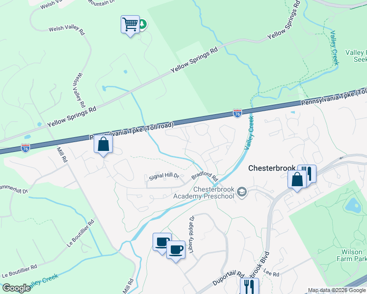 map of restaurants, bars, coffee shops, grocery stores, and more near 1311 Eagles Ridge Drive in Chesterbrook
