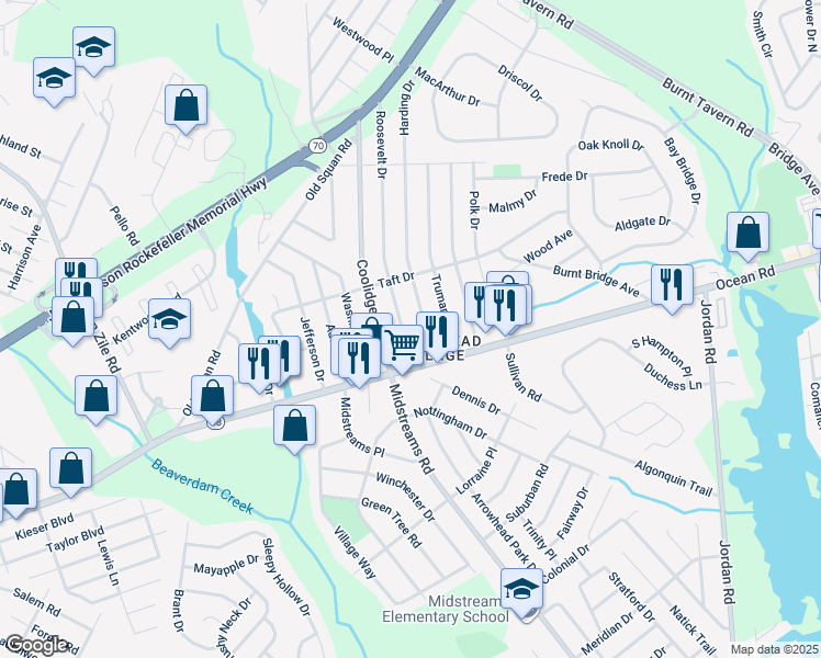 map of restaurants, bars, coffee shops, grocery stores, and more near 16 Riverside Drive West in Brick Township