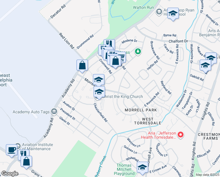 map of restaurants, bars, coffee shops, grocery stores, and more near 3291 Morrell Avenue in Philadelphia