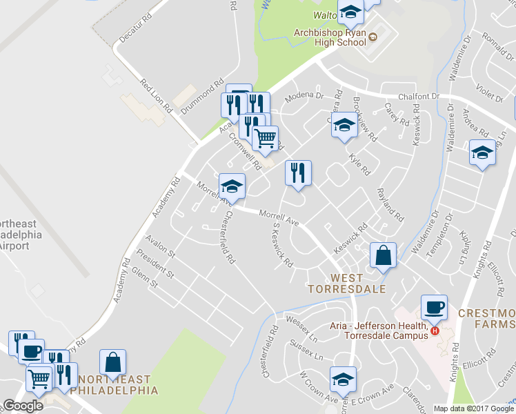 map of restaurants, bars, coffee shops, grocery stores, and more near 3291 Morrell Avenue in Philadelphia