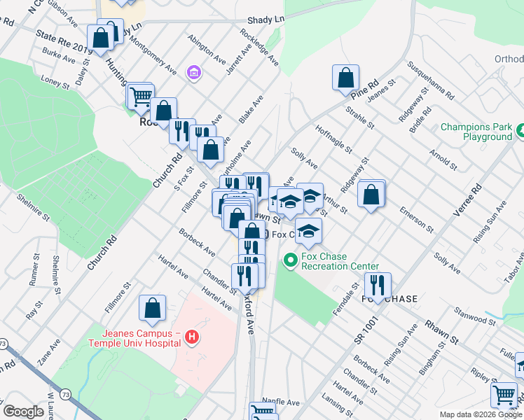 map of restaurants, bars, coffee shops, grocery stores, and more near 427 Rhawn Street in Philadelphia