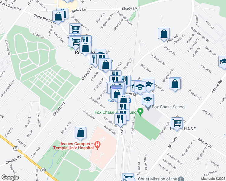 map of restaurants, bars, coffee shops, grocery stores, and more near 7980 Pennsylvania 232 in Philadelphia