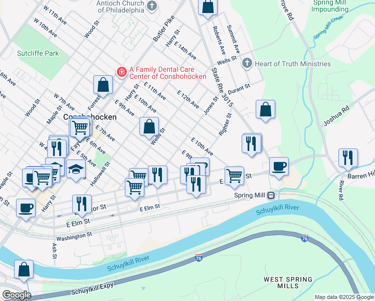 map of restaurants, bars, coffee shops, grocery stores, and more near 434 East 9th Avenue in Conshohocken