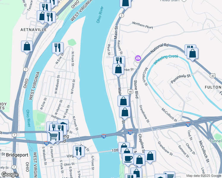 map of restaurants, bars, coffee shops, grocery stores, and more near 601 Main Street in Wheeling