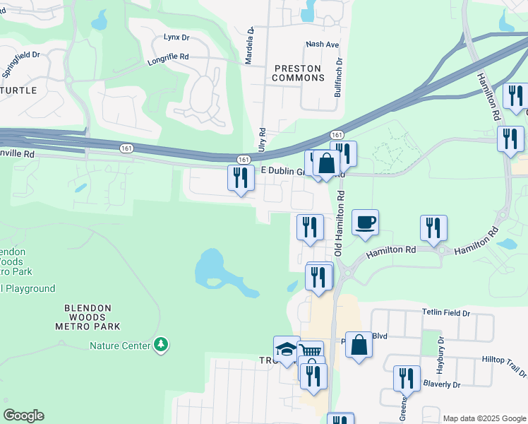 map of restaurants, bars, coffee shops, grocery stores, and more near 5781 Albany Green in Westerville
