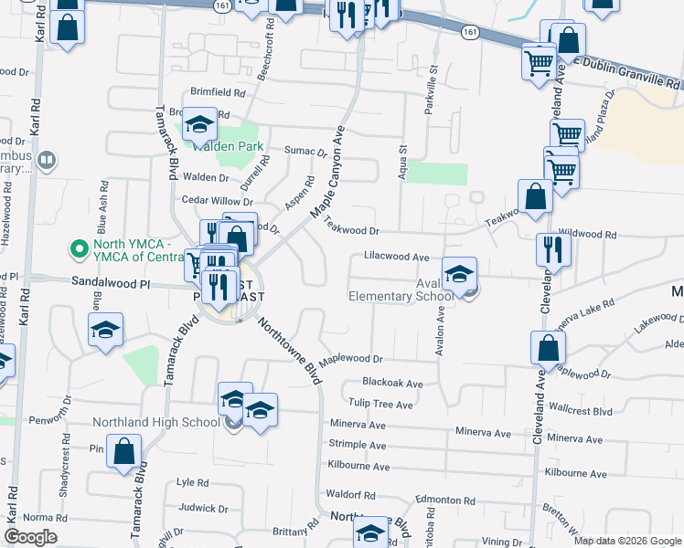 map of restaurants, bars, coffee shops, grocery stores, and more near 5294 Torchwood Loop East in Columbus