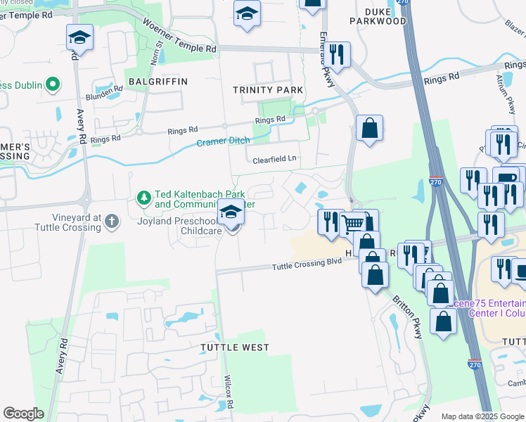 map of restaurants, bars, coffee shops, grocery stores, and more near 5454 Aubrey Loop in Dublin