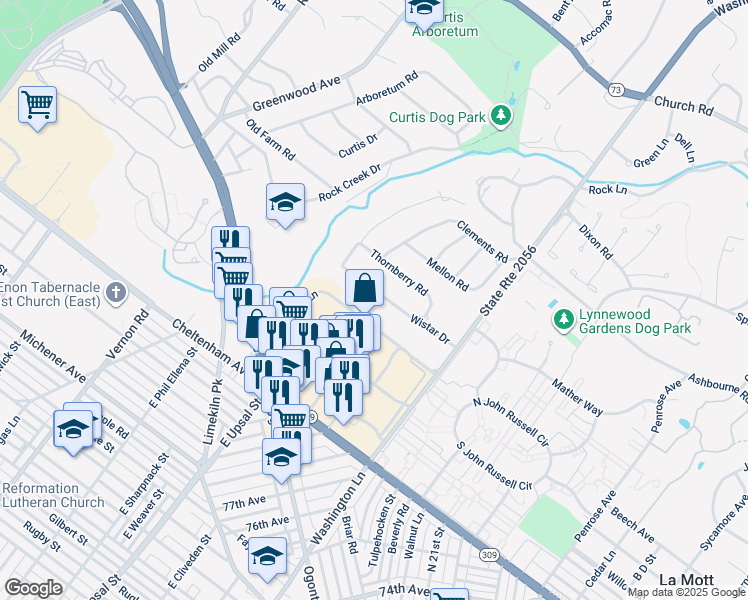 map of restaurants, bars, coffee shops, grocery stores, and more near 1480 Wistar Drive in Wyncote