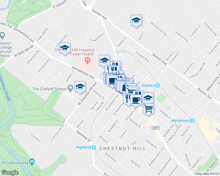 map of restaurants, bars, coffee shops, grocery stores, and more near 8634 Germantown Avenue in Philadelphia