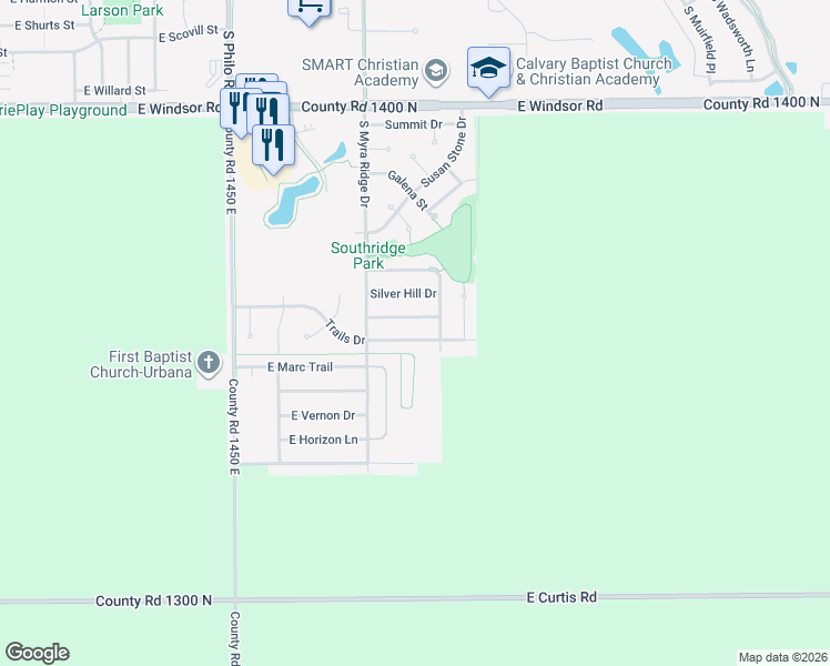 map of restaurants, bars, coffee shops, grocery stores, and more near 1902 Trails Drive in Urbana