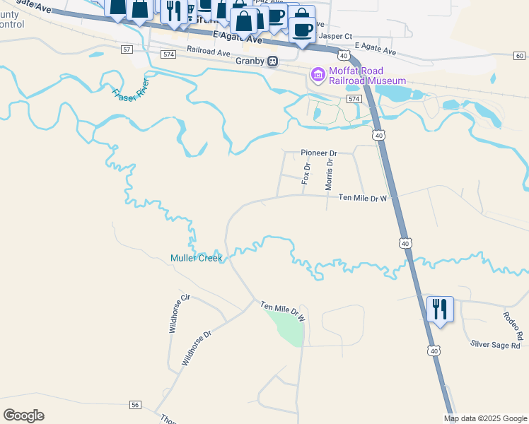map of restaurants, bars, coffee shops, grocery stores, and more near 665 10 Mile Drive in Granby