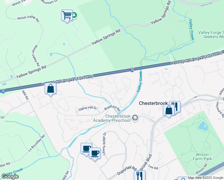 map of restaurants, bars, coffee shops, grocery stores, and more near 101 Valley Stream Circle in Chesterbrook