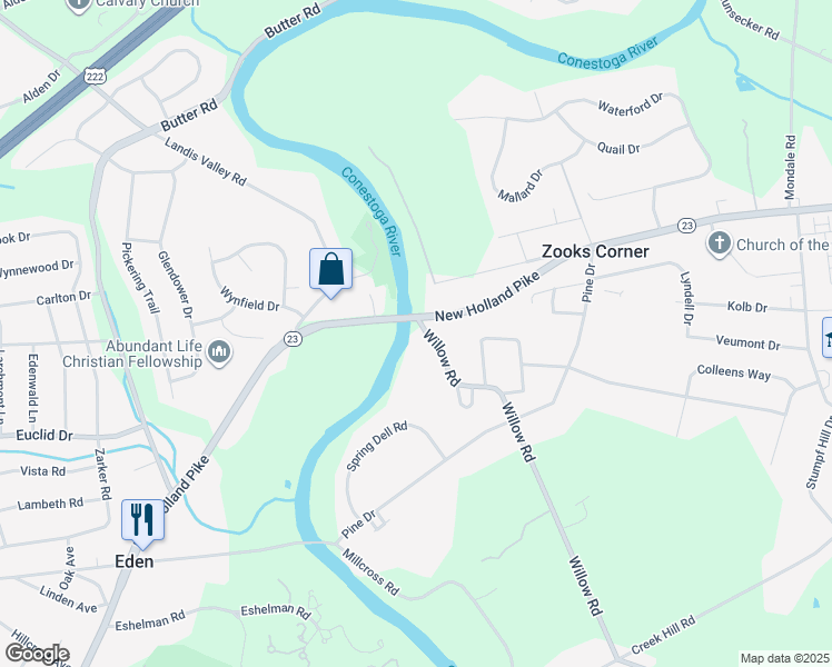 map of restaurants, bars, coffee shops, grocery stores, and more near 850 Willow Rd in Lancaster