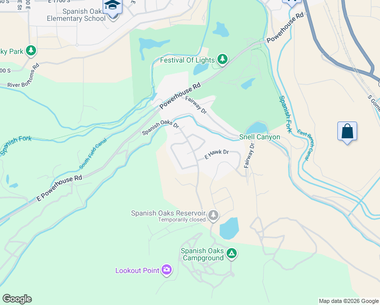 map of restaurants, bars, coffee shops, grocery stores, and more near South 3050 East in Spanish Fork