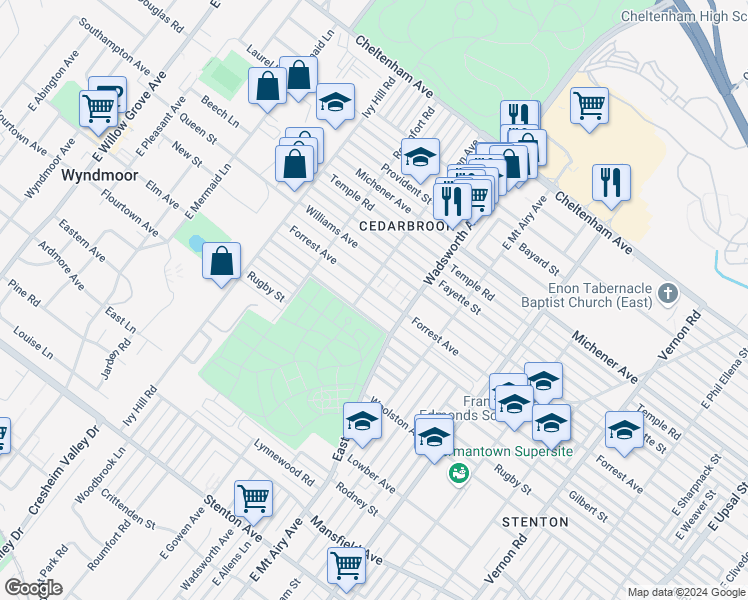 map of restaurants, bars, coffee shops, grocery stores, and more near 8436 Forrest Avenue in Philadelphia