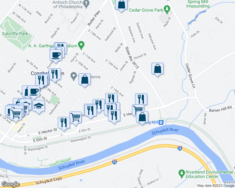 map of restaurants, bars, coffee shops, grocery stores, and more near 439 East 10th Avenue in Conshohocken