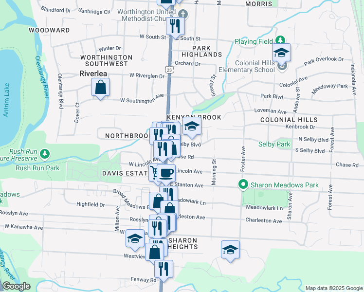 map of restaurants, bars, coffee shops, grocery stores, and more near 45 East Selby Boulevard in Worthington