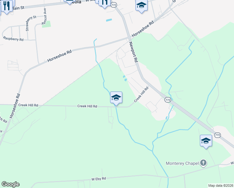 map of restaurants, bars, coffee shops, grocery stores, and more near 2723 Creek Hill Road in Leola