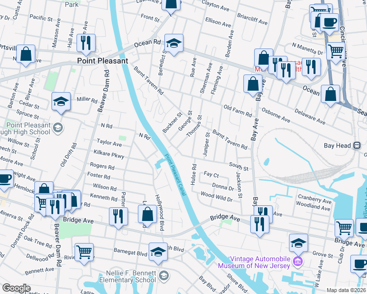 map of restaurants, bars, coffee shops, grocery stores, and more near 1422 Thomas Street in Point Pleasant