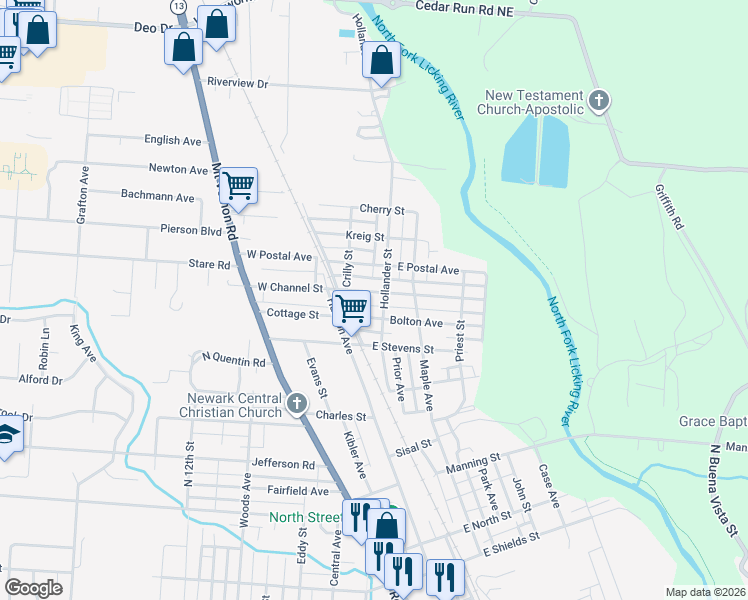 map of restaurants, bars, coffee shops, grocery stores, and more near 53 East Channel Street in Newark