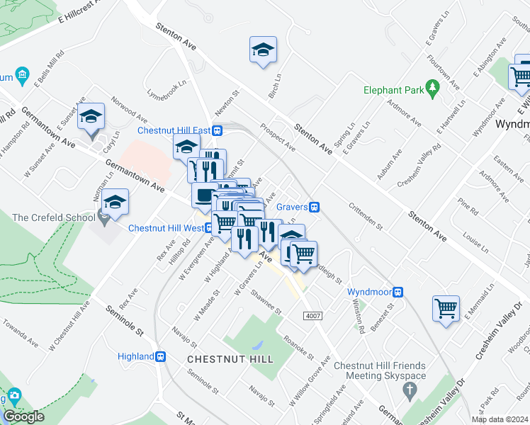 map of restaurants, bars, coffee shops, grocery stores, and more near 210 East Highland Avenue in Philadelphia