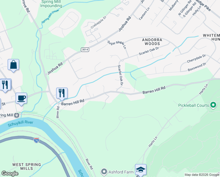 map of restaurants, bars, coffee shops, grocery stores, and more near 2111 Barren Hill Road in Conshohocken