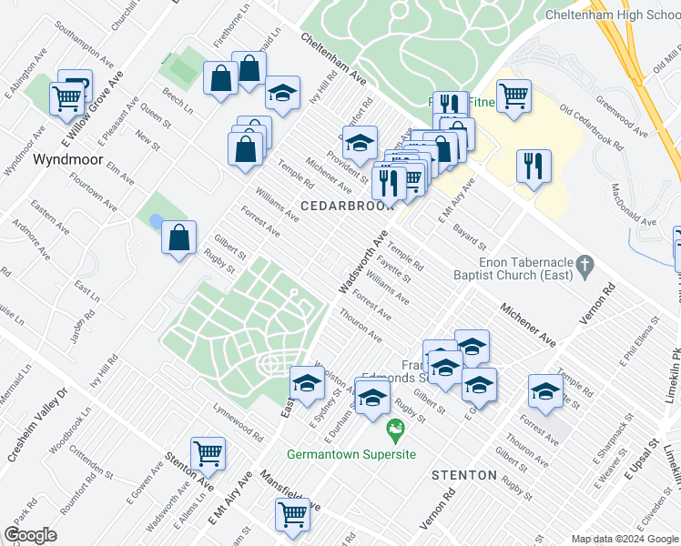 map of restaurants, bars, coffee shops, grocery stores, and more near 8415 Forrest Avenue in Philadelphia