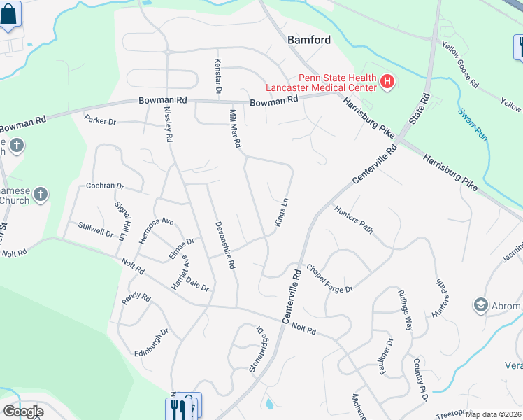 map of restaurants, bars, coffee shops, grocery stores, and more near 1113 Mill Mar Road in Lancaster