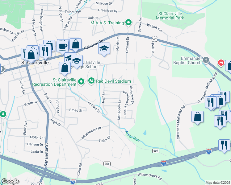 map of restaurants, bars, coffee shops, grocery stores, and more near 115 Hickman Avenue in Saint Clairsville