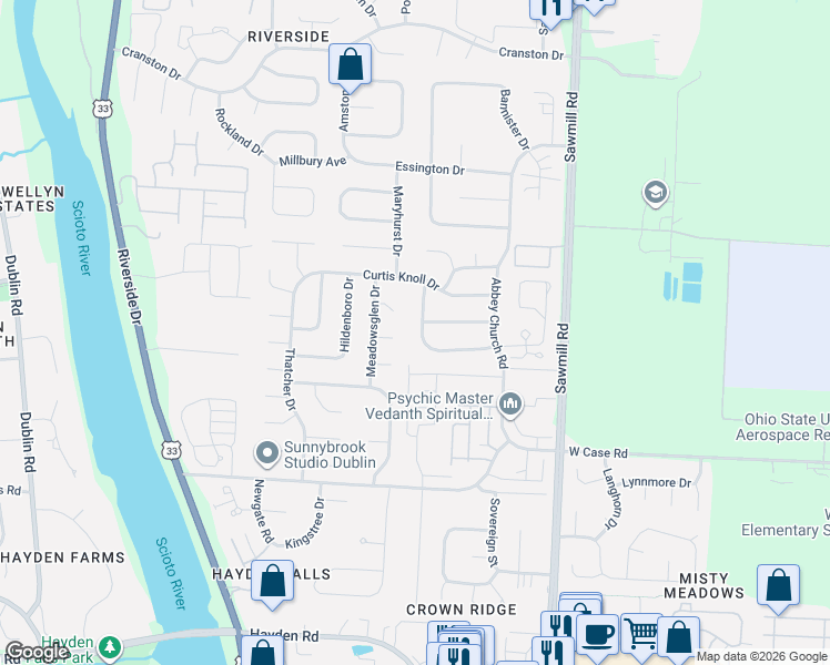 map of restaurants, bars, coffee shops, grocery stores, and more near 5965 Buffalo Head Trail in Dublin