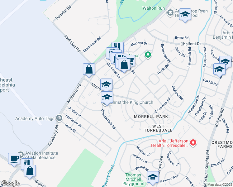 map of restaurants, bars, coffee shops, grocery stores, and more near 3291 Morrell Ave in Philadelphia