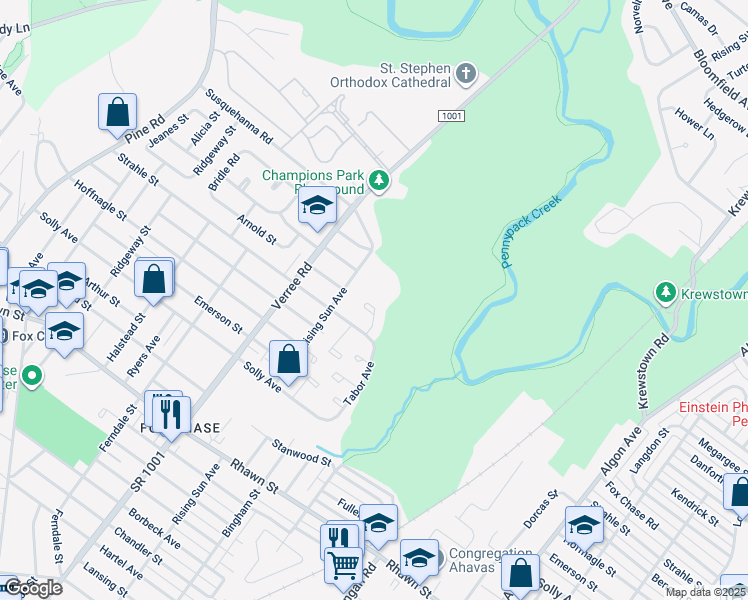 map of restaurants, bars, coffee shops, grocery stores, and more near 8432 Strahle Terrace in Philadelphia