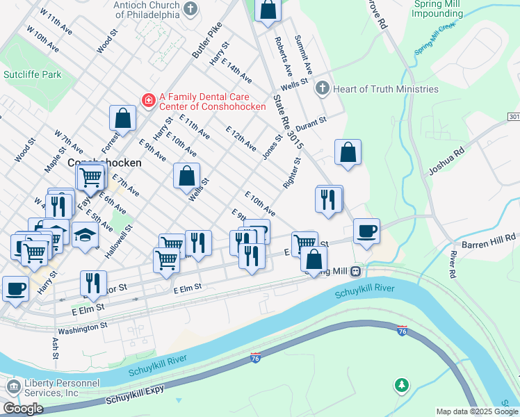 map of restaurants, bars, coffee shops, grocery stores, and more near 439 East 10th Avenue in Conshohocken