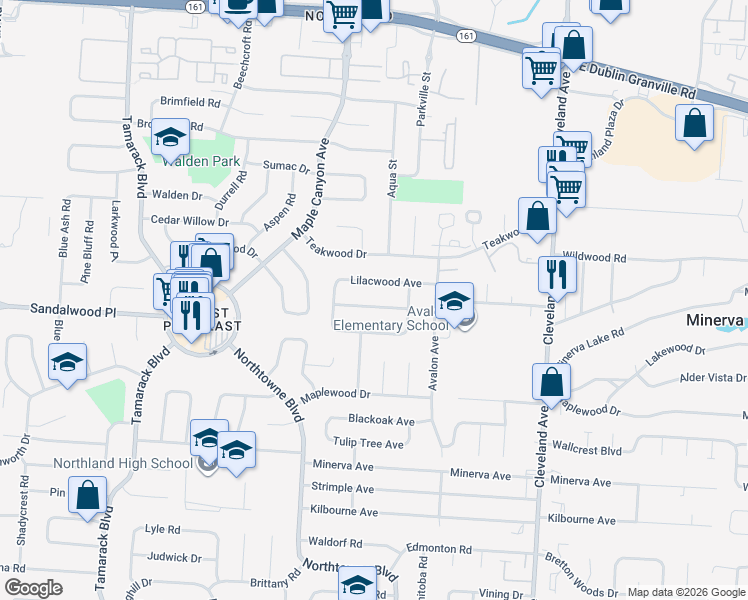 map of restaurants, bars, coffee shops, grocery stores, and more near 2200 Pine Knoll Avenue in Columbus