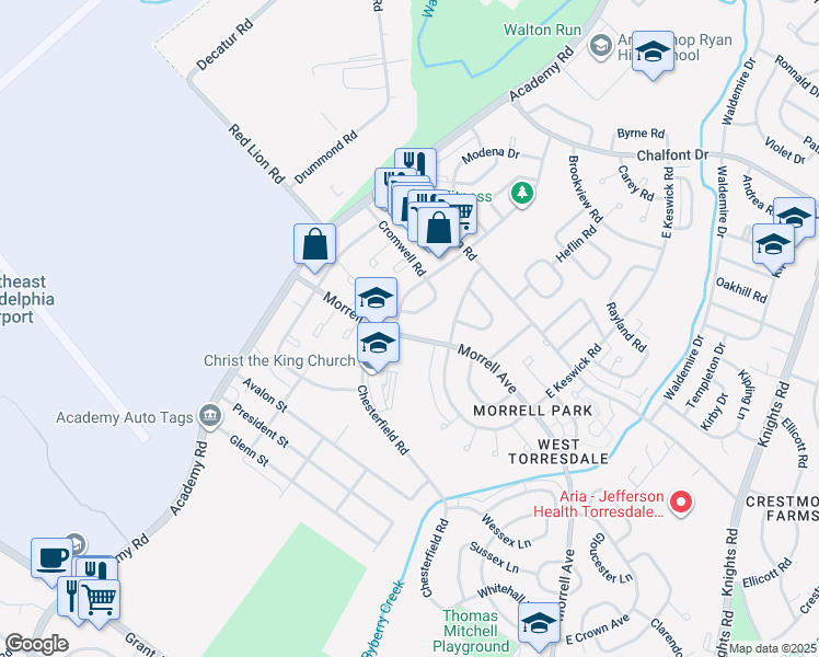 map of restaurants, bars, coffee shops, grocery stores, and more near 3289 Morrell Avenue in Philadelphia