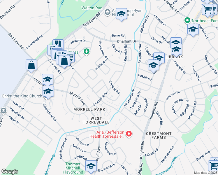 map of restaurants, bars, coffee shops, grocery stores, and more near 3597 Dows Road in Philadelphia