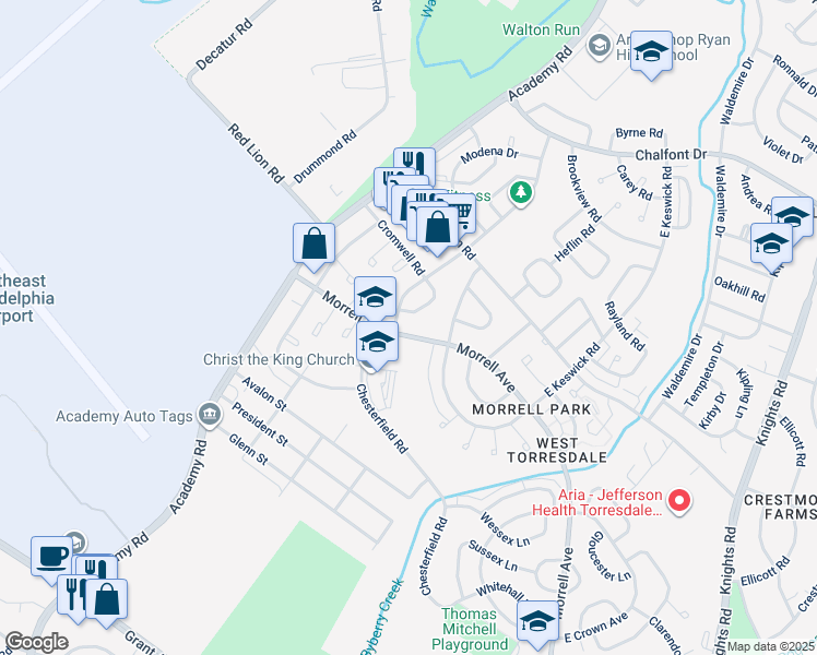map of restaurants, bars, coffee shops, grocery stores, and more near 3289 Morrell Avenue in Philadelphia