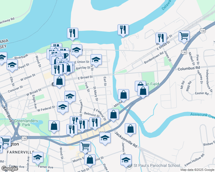 map of restaurants, bars, coffee shops, grocery stores, and more near 341 Clarkson Street in Burlington
