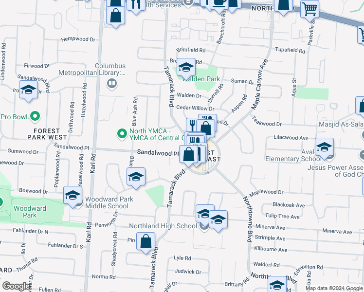 map of restaurants, bars, coffee shops, grocery stores, and more near 1875 Tamarack Circle East in Columbus