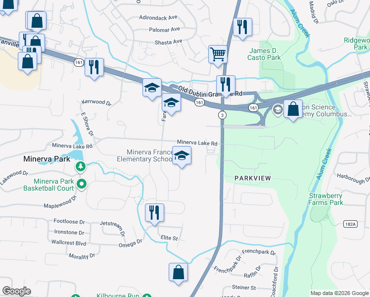 map of restaurants, bars, coffee shops, grocery stores, and more near 3219 Minerva Lake Road in Columbus