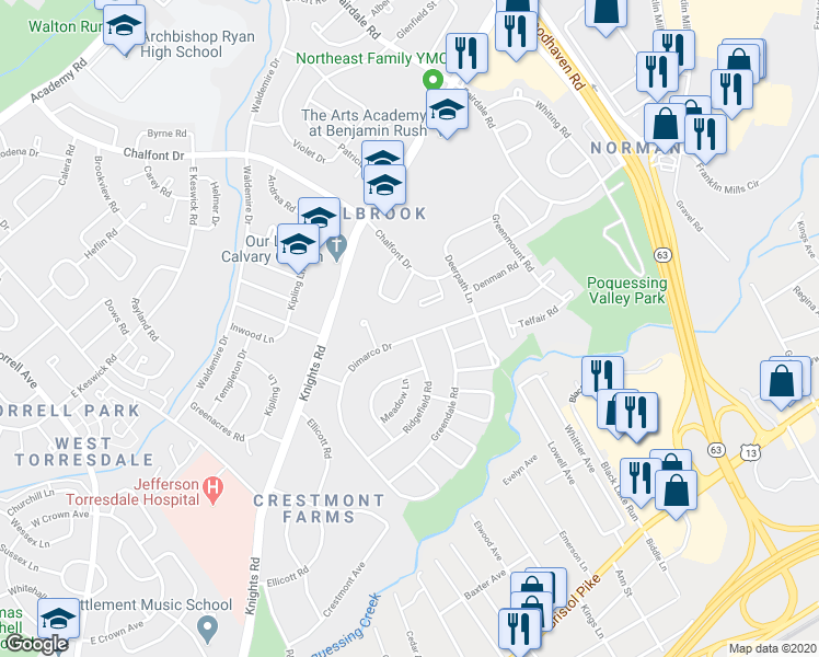 map of restaurants, bars, coffee shops, grocery stores, and more near 238 Dimarco Drive in Philadelphia