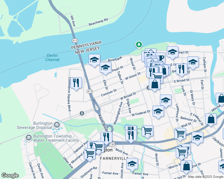 map of restaurants, bars, coffee shops, grocery stores, and more near 243 Conover Street in Burlington