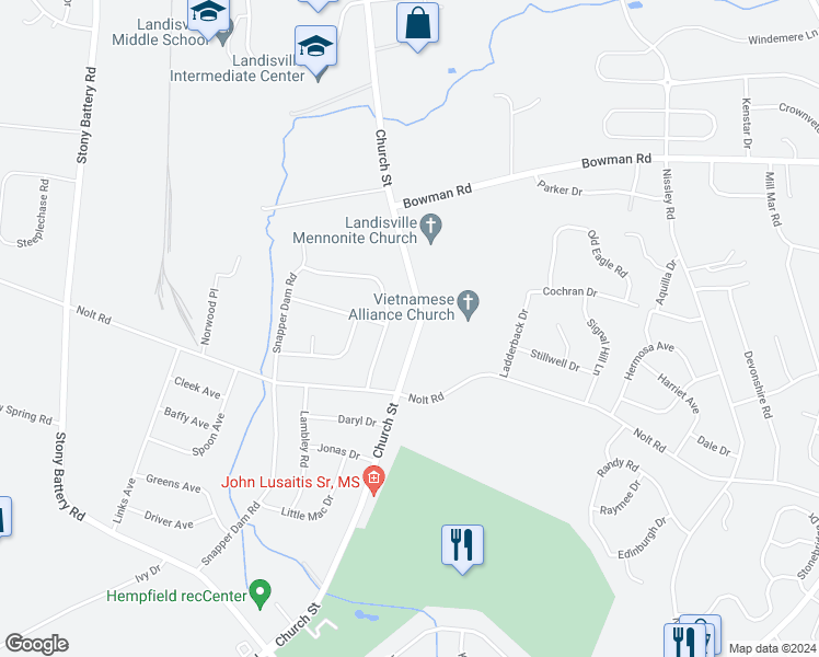 map of restaurants, bars, coffee shops, grocery stores, and more near 760 Church Street in Lancaster County