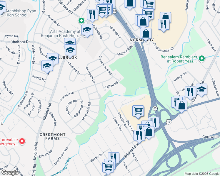 map of restaurants, bars, coffee shops, grocery stores, and more near 11725-37 Telfair Road in Philadelphia