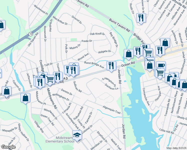 map of restaurants, bars, coffee shops, grocery stores, and more near 2193 New Jersey 88 in Brick Township