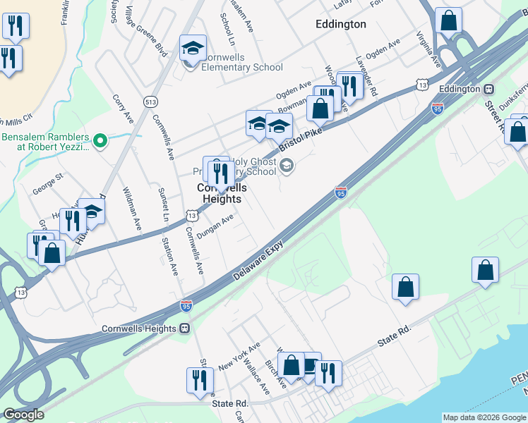 map of restaurants, bars, coffee shops, grocery stores, and more near 883 Clovernook Avenue in Cornwells Heights