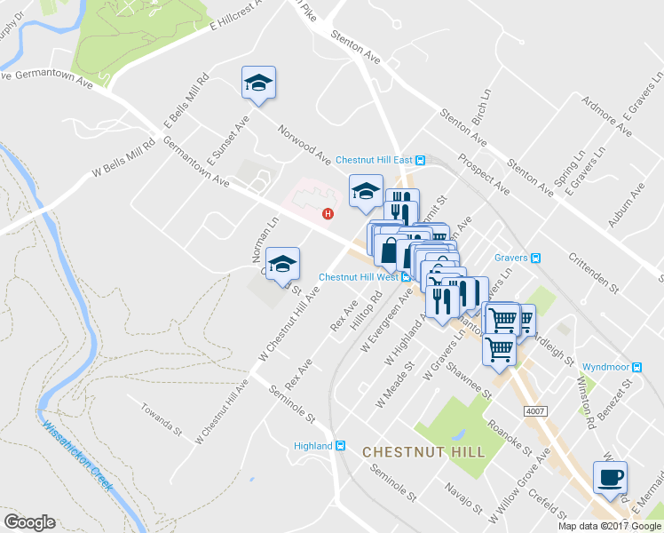 map of restaurants, bars, coffee shops, grocery stores, and more near 37 West Chestnut Hill Avenue in Philadelphia
