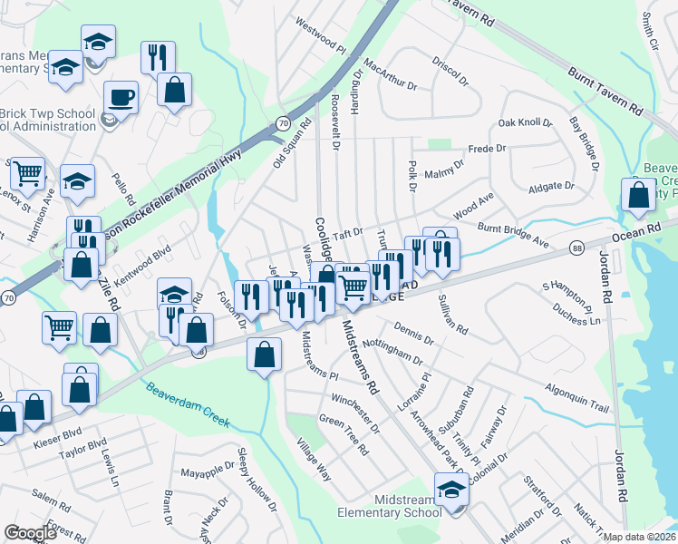 map of restaurants, bars, coffee shops, grocery stores, and more near 20 Coolidge Drive in Brick Township