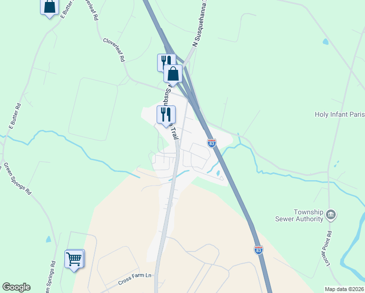 map of restaurants, bars, coffee shops, grocery stores, and more near 1 Cloverleaf Road in York