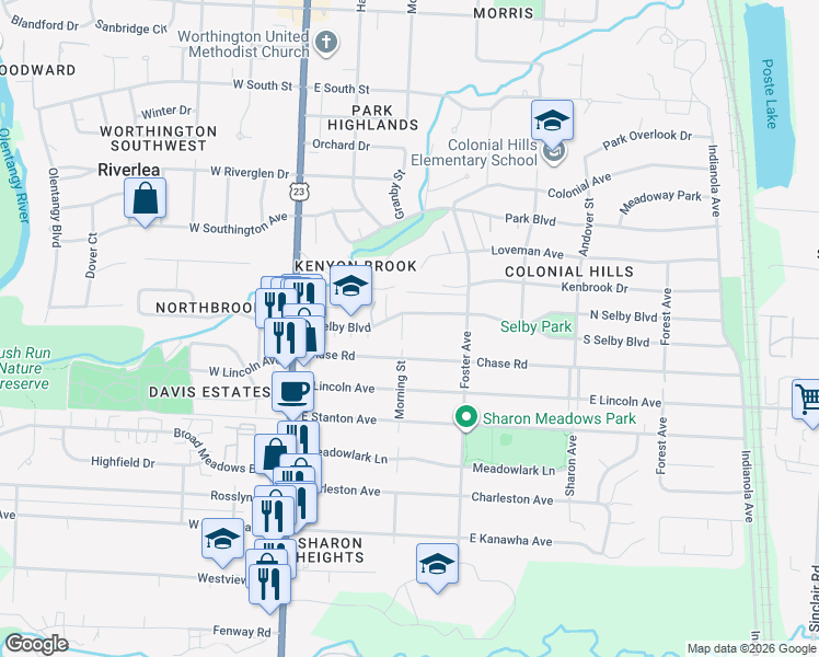map of restaurants, bars, coffee shops, grocery stores, and more near 5577 Morning Street in Worthington